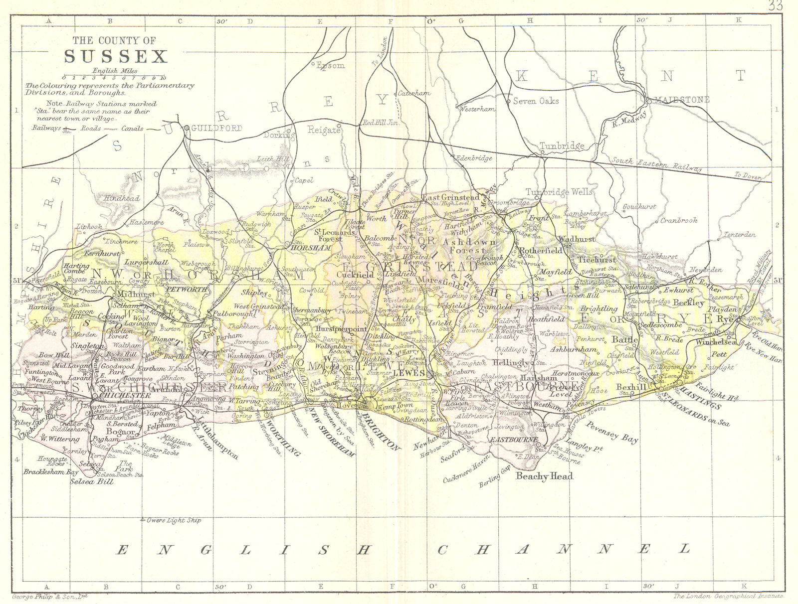 SUSSEX. Philips. Small County map 1890 old antique vintage plan chart